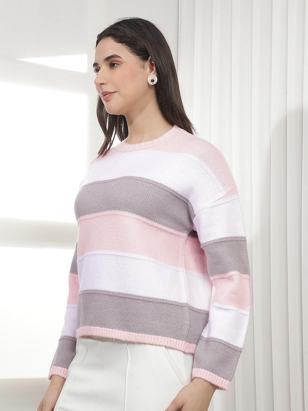 Pink Horizontal Stripes Acrylic Sweater