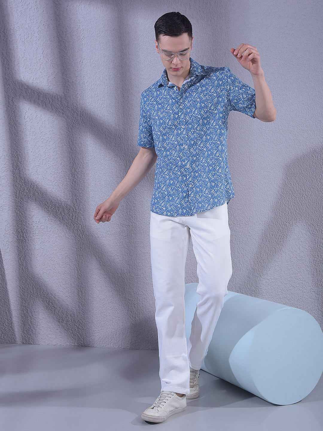 Blue 100% Cotton Floral Print Shirt