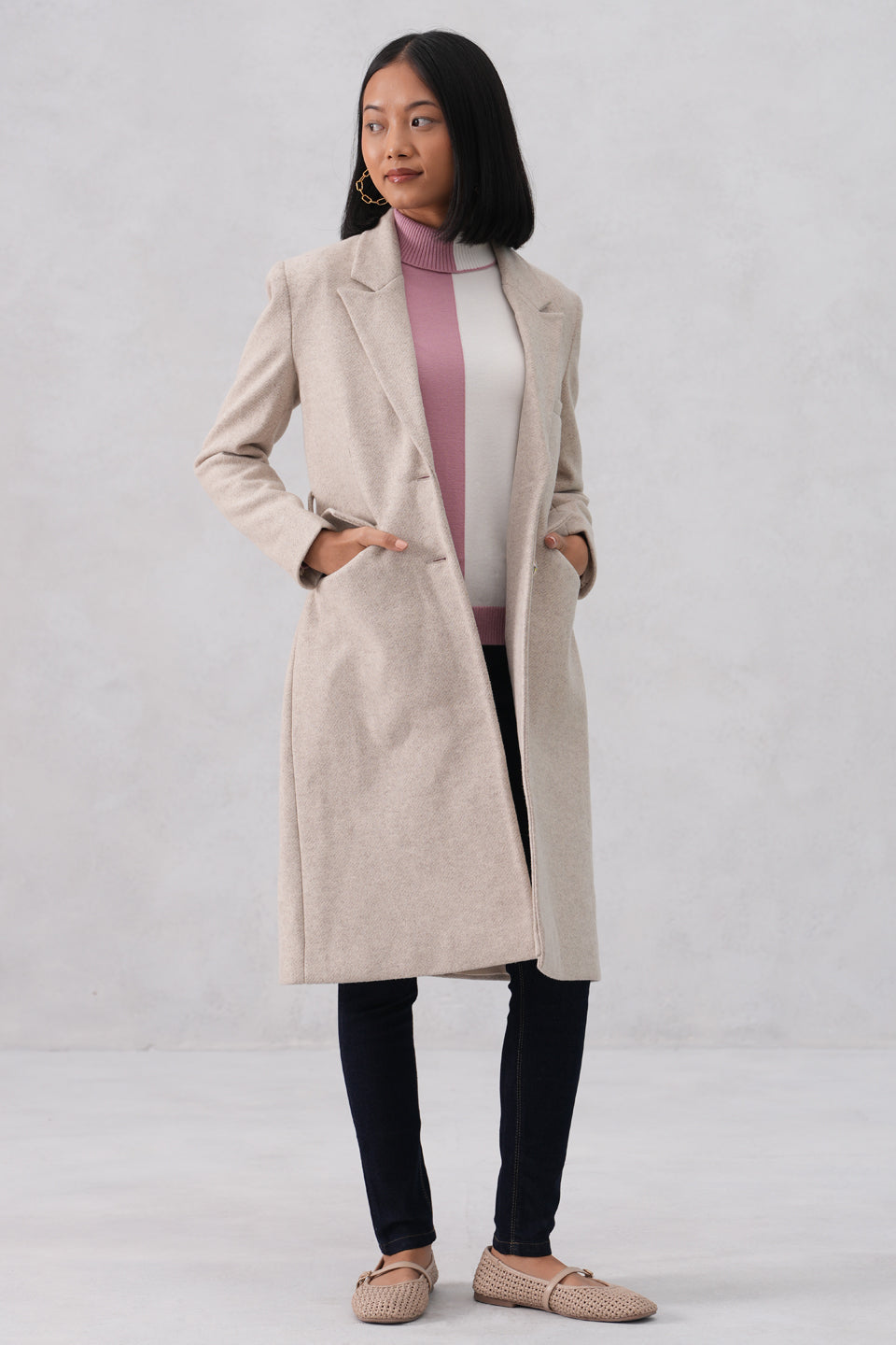 Beige Single Breasted Overcoat