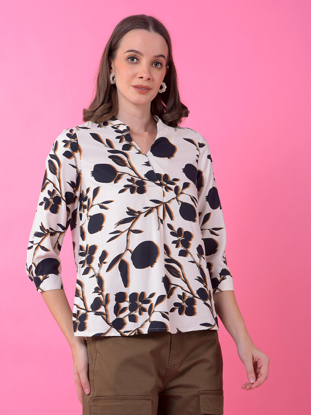 Black Floral Print V-Neck Top