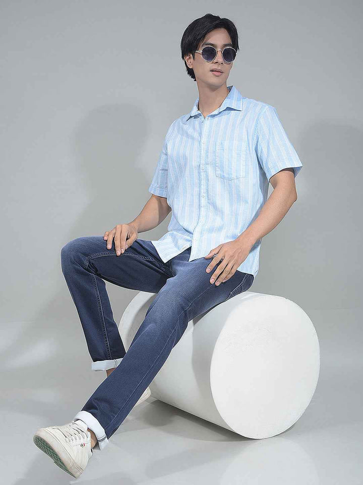 Blue Vertical Striped 100% Cotton Shirt