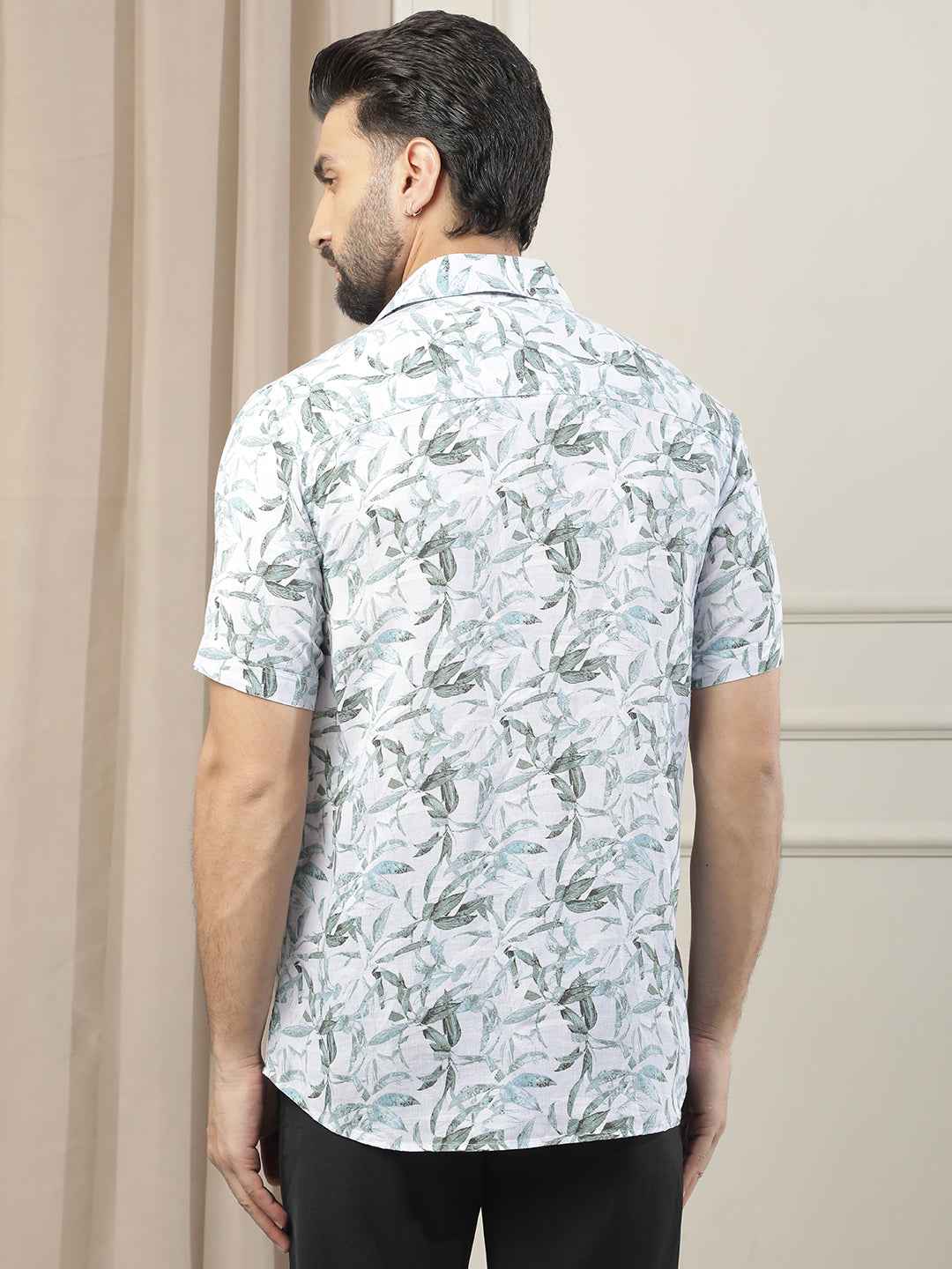 Green Floral Print Linen Shirt