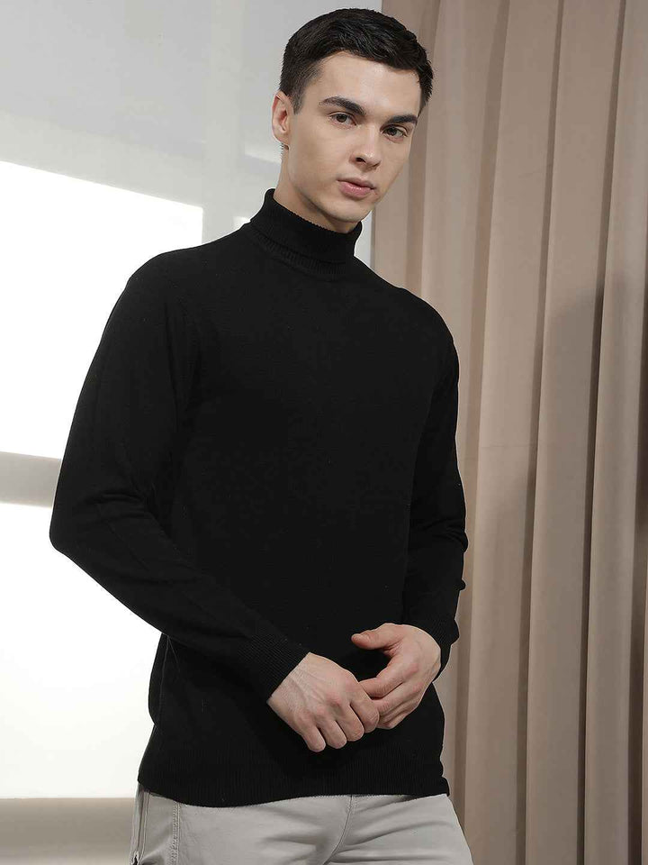 Sleek Black Ribbed Turtle Neck Sweater