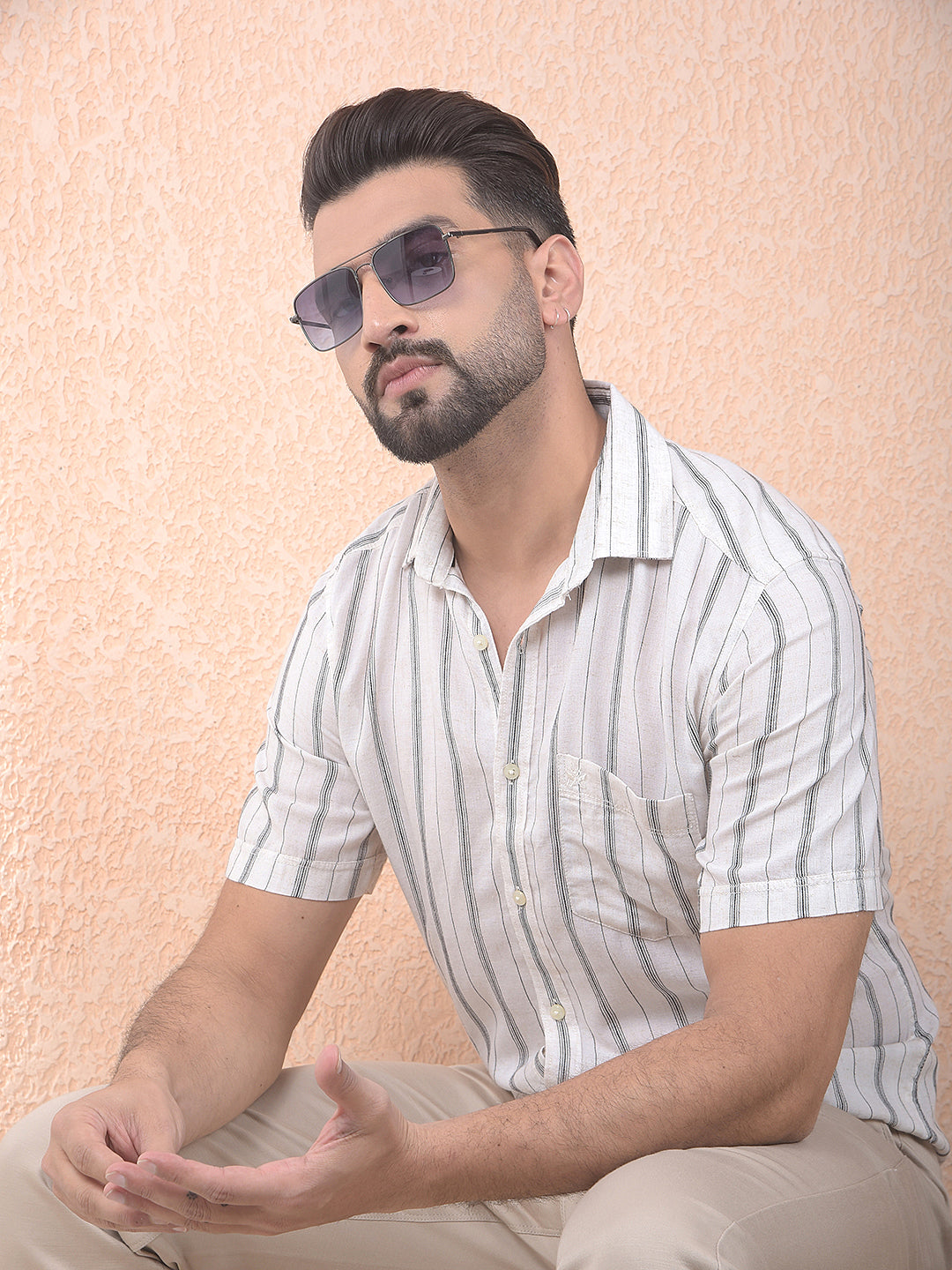 Beige Vertical Striped Linen Shirt