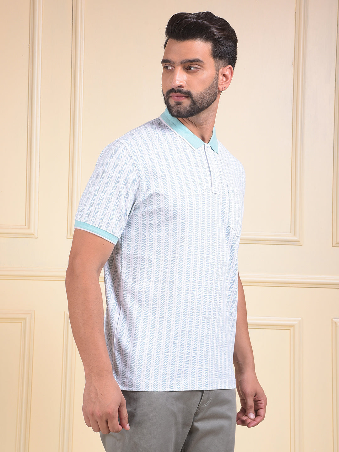 Green Vertical Stripes Polo Neck T-Shirt