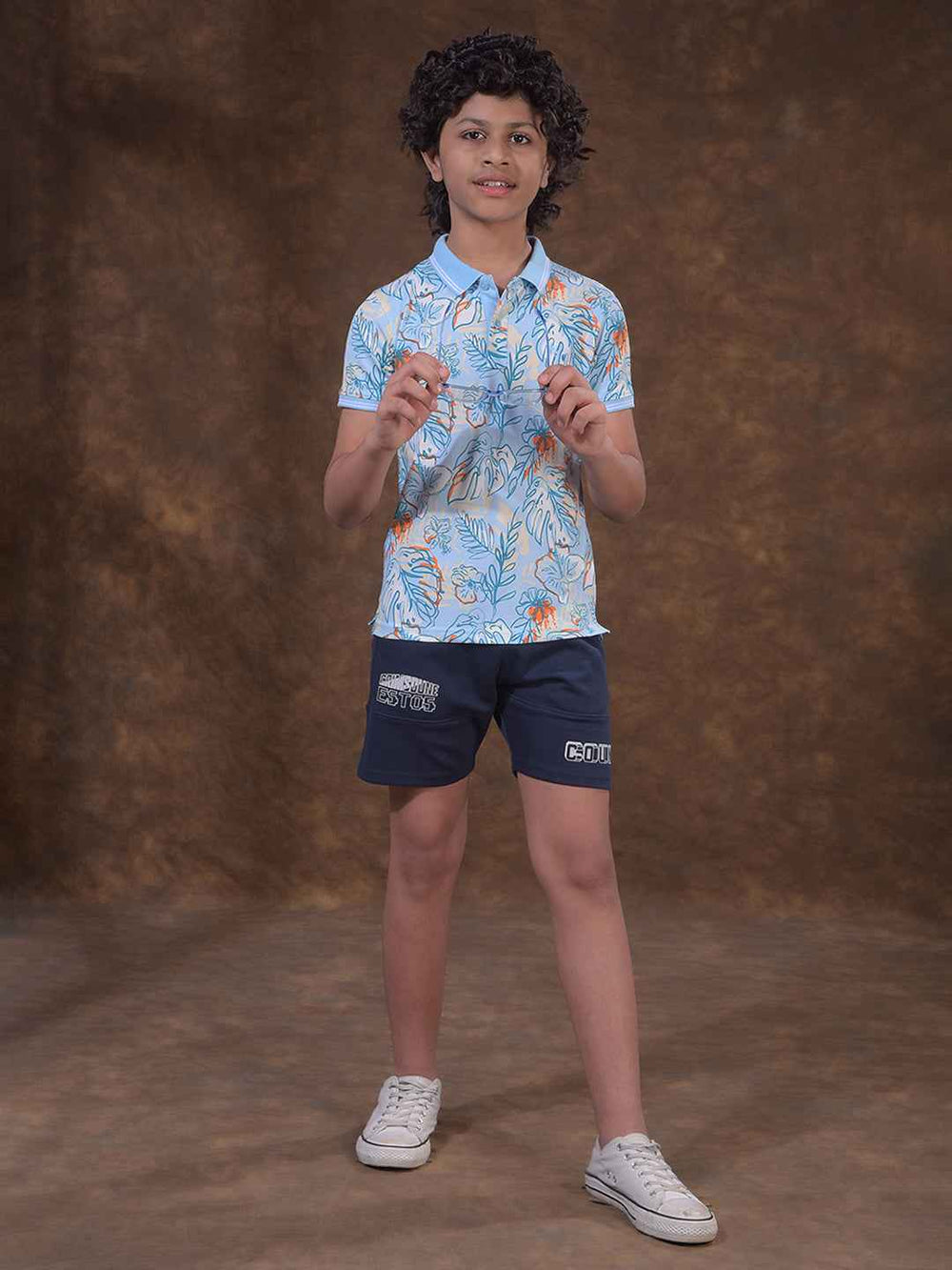 Blue Floral Print Polo Neck T-Shirt