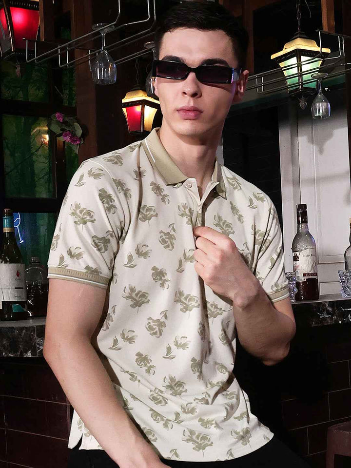 Beige Floral Print Polo Neck T-Shirt