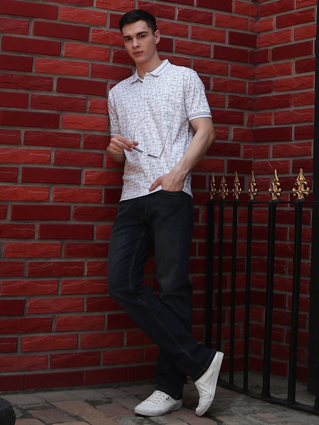 Blue Printed Polo Neck 100% Cotton T-Shirt