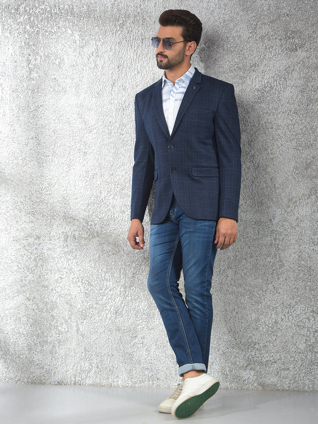 Navy Blue Checked Notched Lapel Single-Breasted Blazer