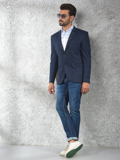 Navy Blue Checked Notched Lapel Single-Breasted Blazer