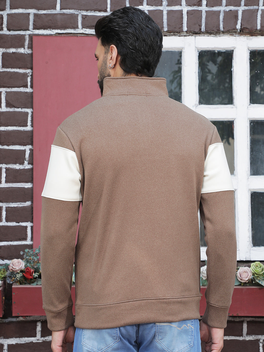 Brown Color-Block High Neck Sweatshirt