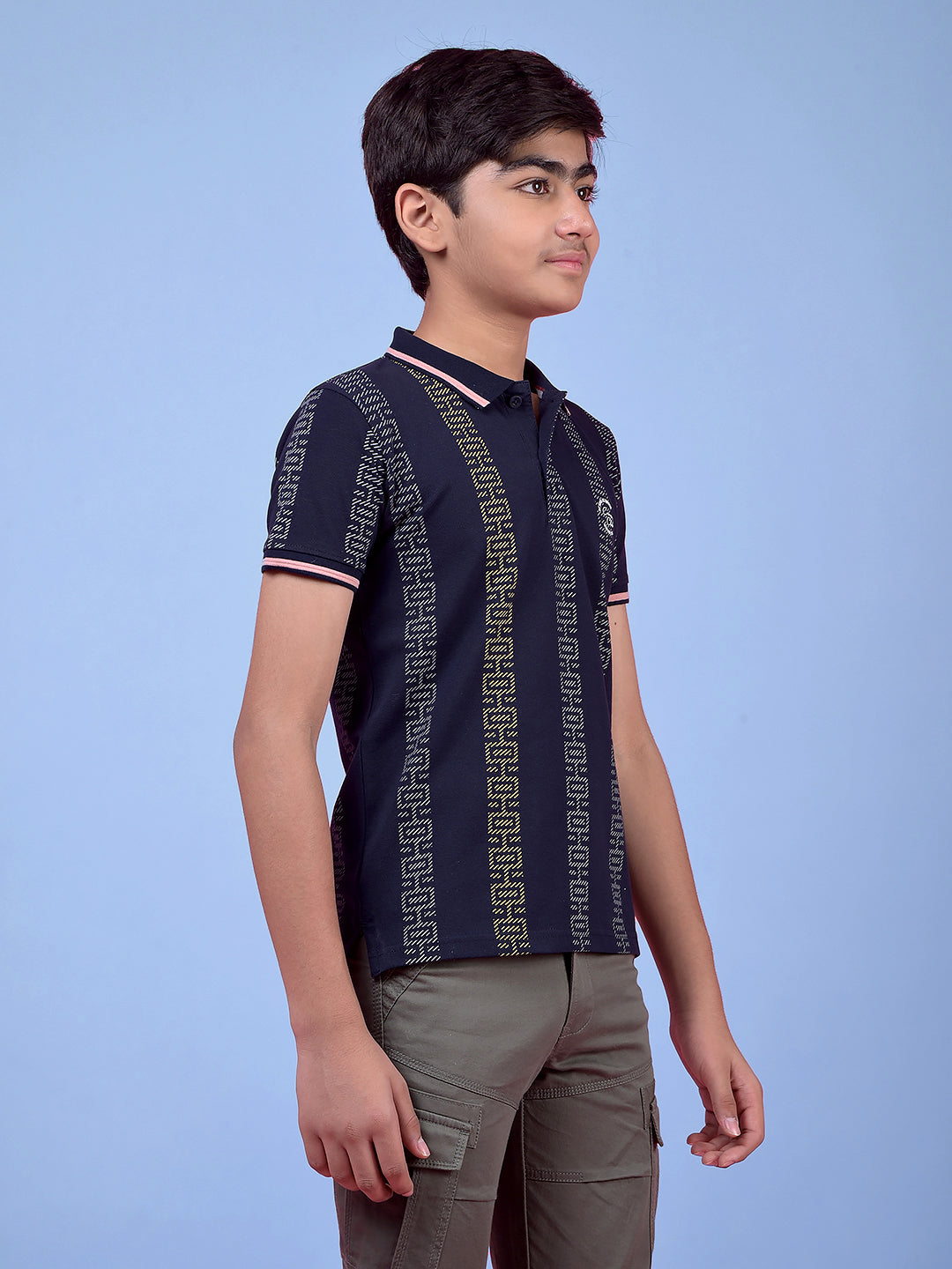 Navy Blue Printed Polo Neck T-Shirt