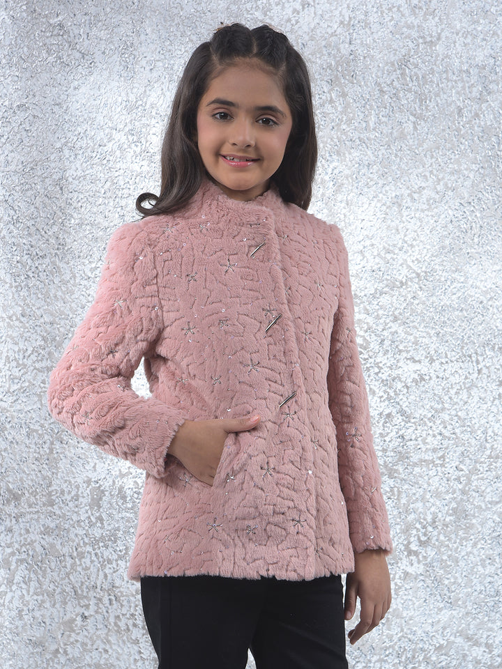 Dusty Pink Plush Embroidered Coat