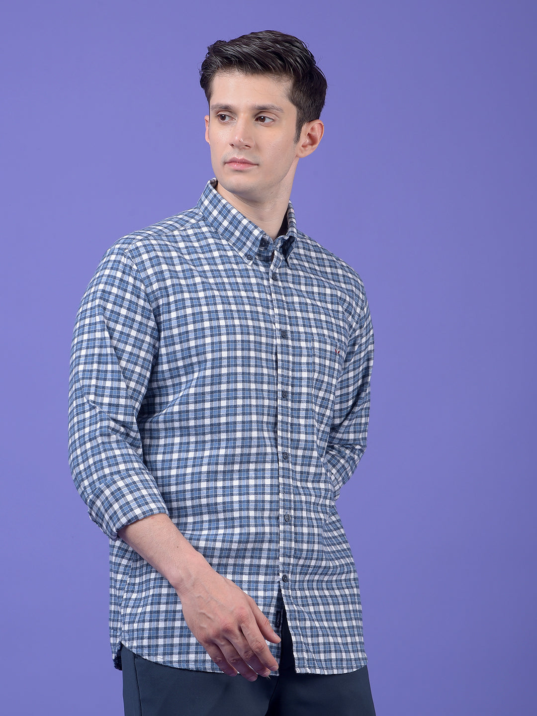 Blue Checked Button-Down Collar 100% Cotton Shirt