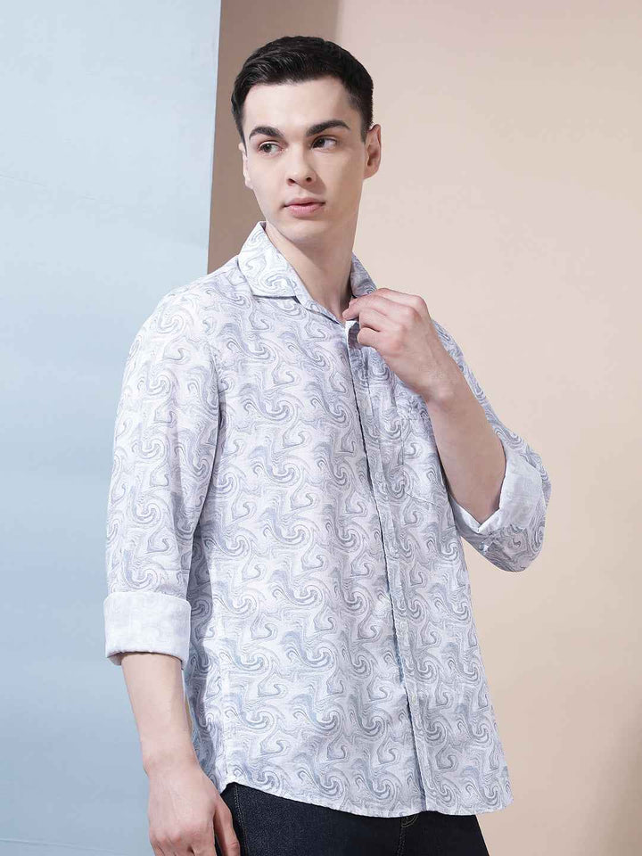 Linen Blue Abstract Print Shirt