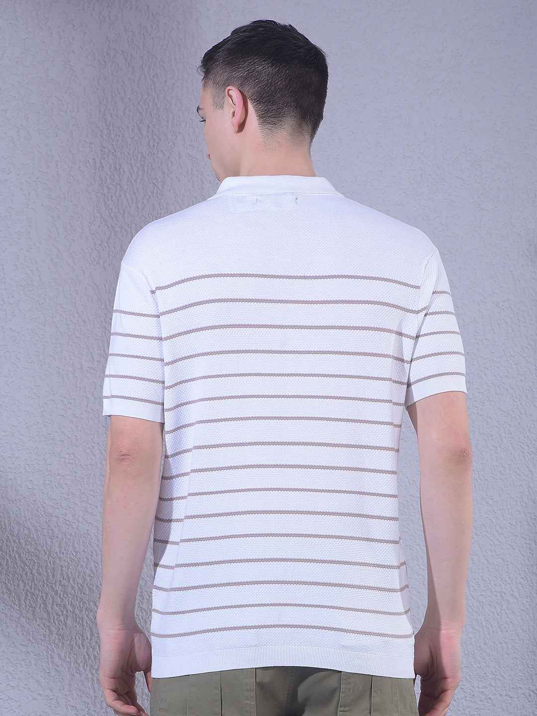White Horizontal Stripes Polo Neck T-Shirt