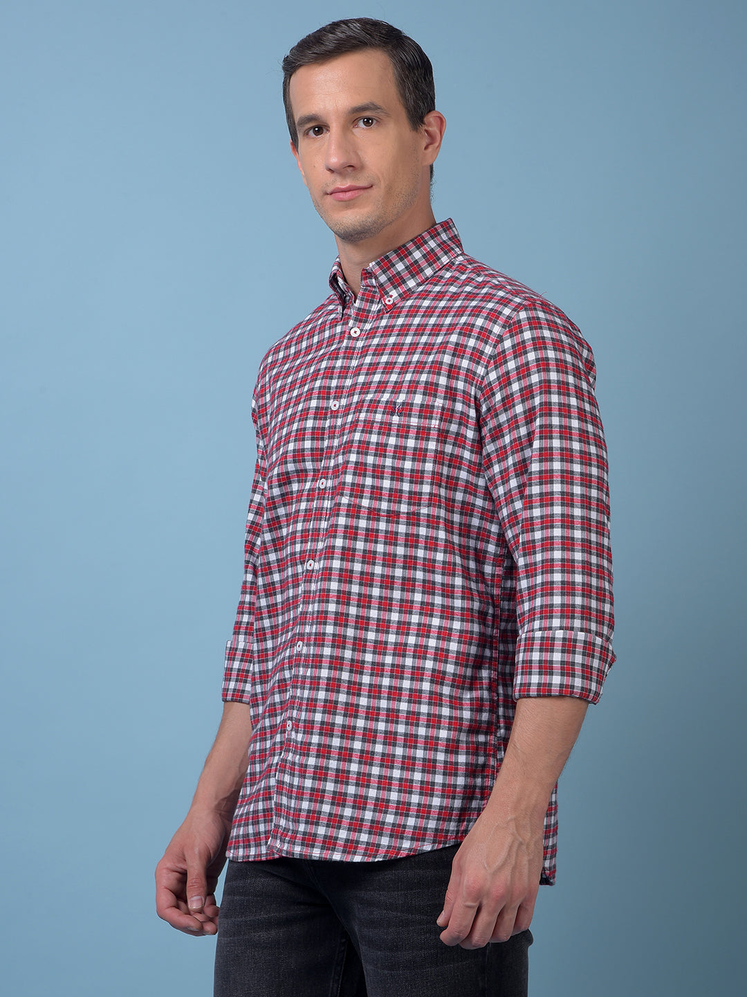 Red Checked Button-Down Collar 100% Cotton Shirt