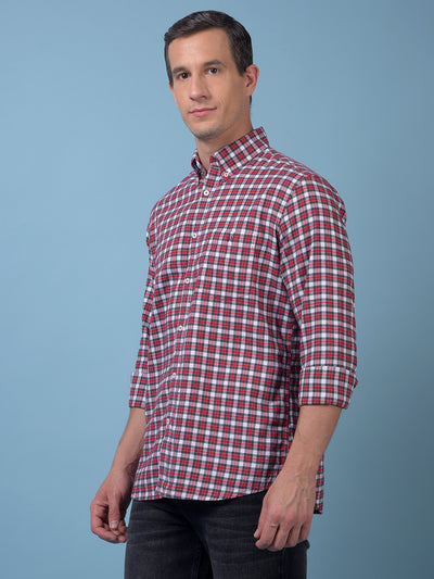 Red Checked Button-Down Collar 100% Cotton Shirt