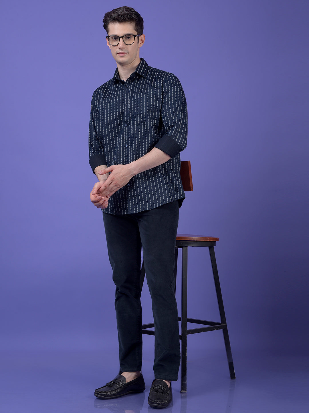 Navy Blue Vertical Stripes Shirt