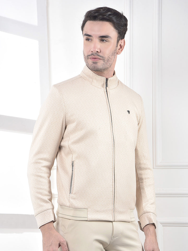 Beige Textured Mock Collar Bomber Jacket