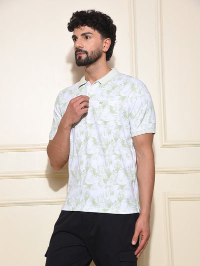 Green Floral Print Polo Neck 100% Cotton T-Shirt