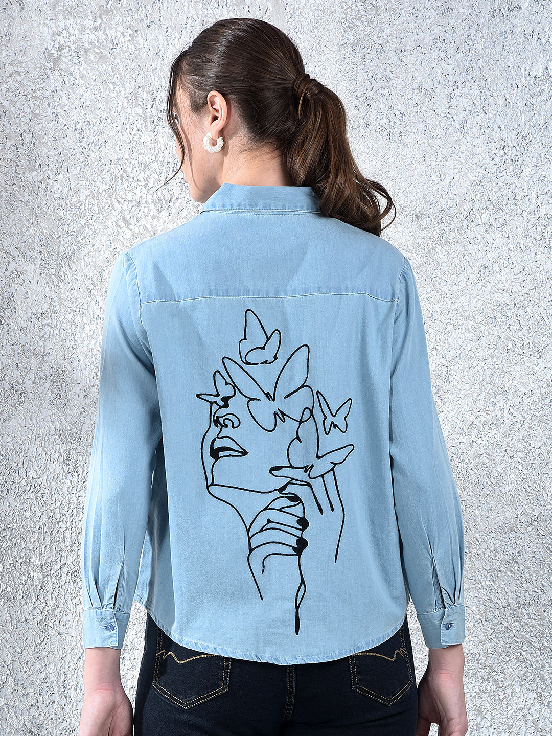 Blue Embroidered 100% Cotton Denim Shirt
