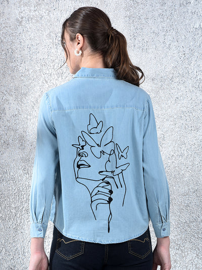 Blue Embroidered 100% Cotton Denim Shirt
