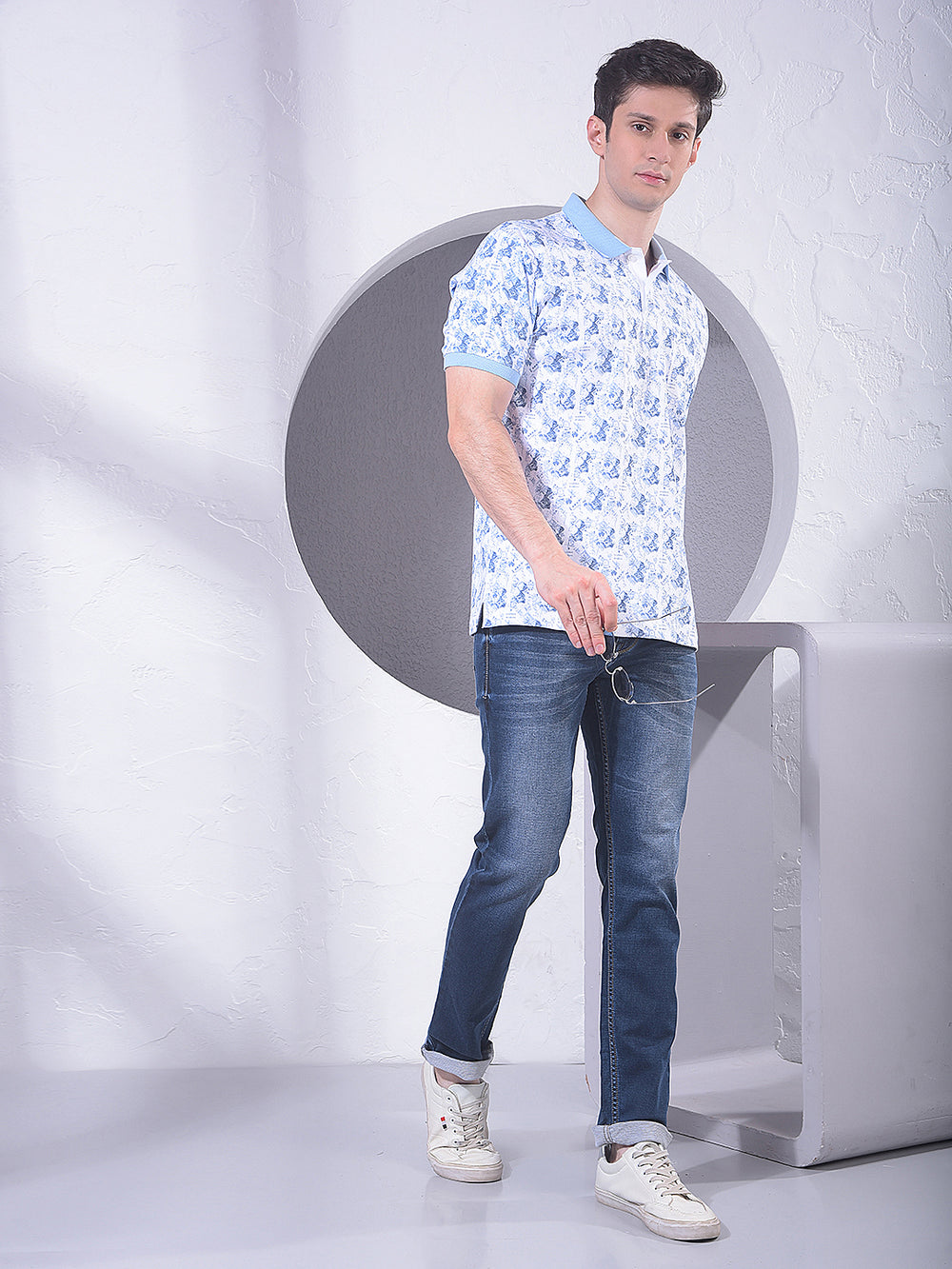 Blue 100% Cotton Geometric Print Polo T-Shirt