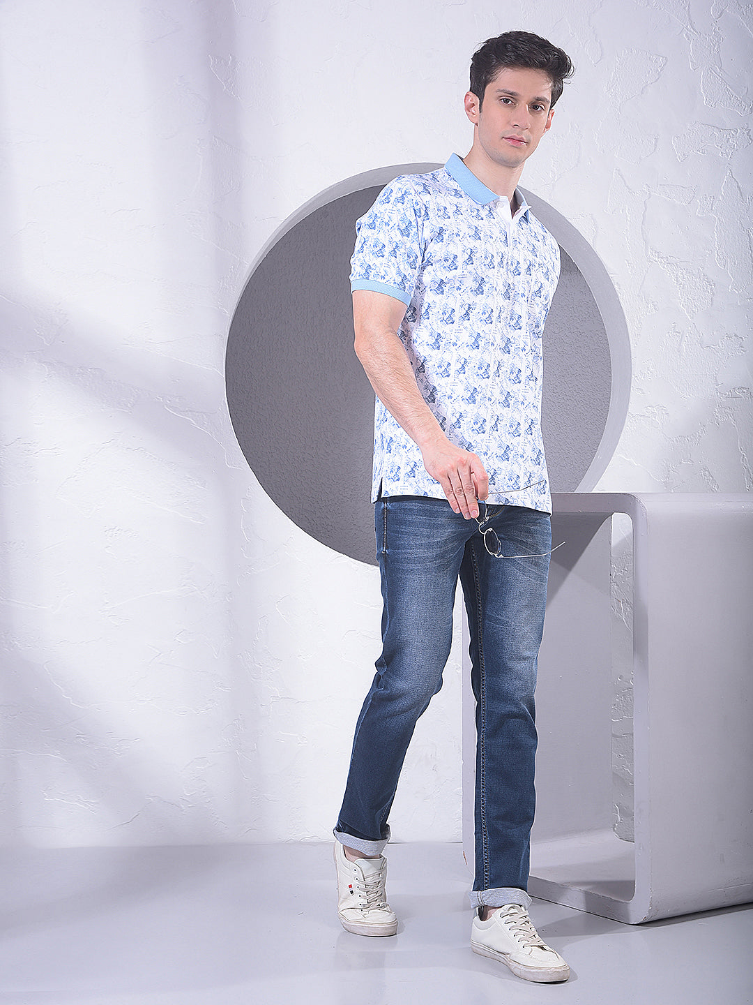 Blue 100% Cotton Geometric Print Polo T-Shirt