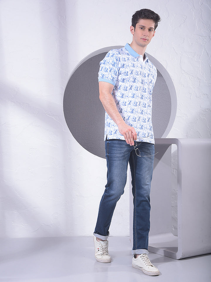 Blue 100% Cotton Geometric Print Polo T-Shirt