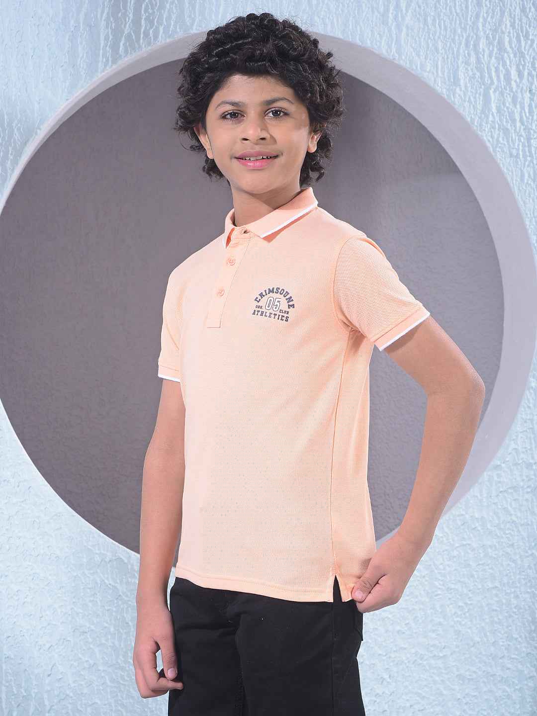 Peach Typographic Print Polo Neck T-Shirt