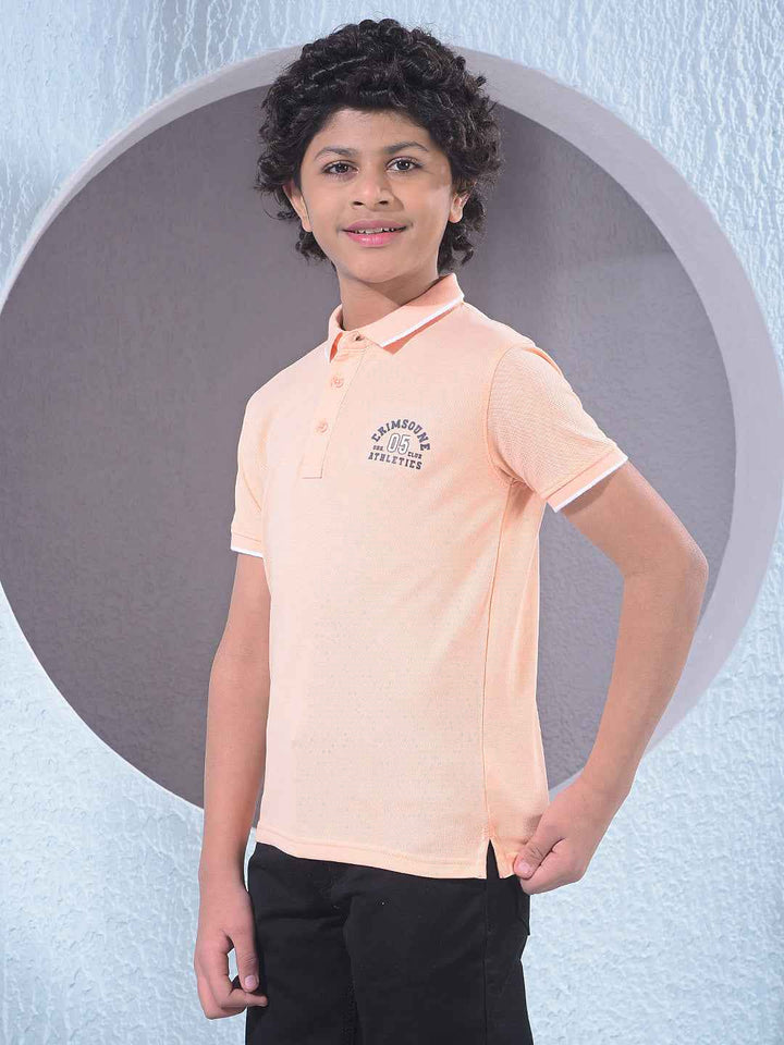 Peach Typographic Print Polo Neck T-Shirt