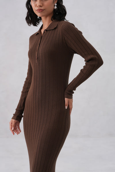 Brown Vertical Stripes Winter Bodycon Dress