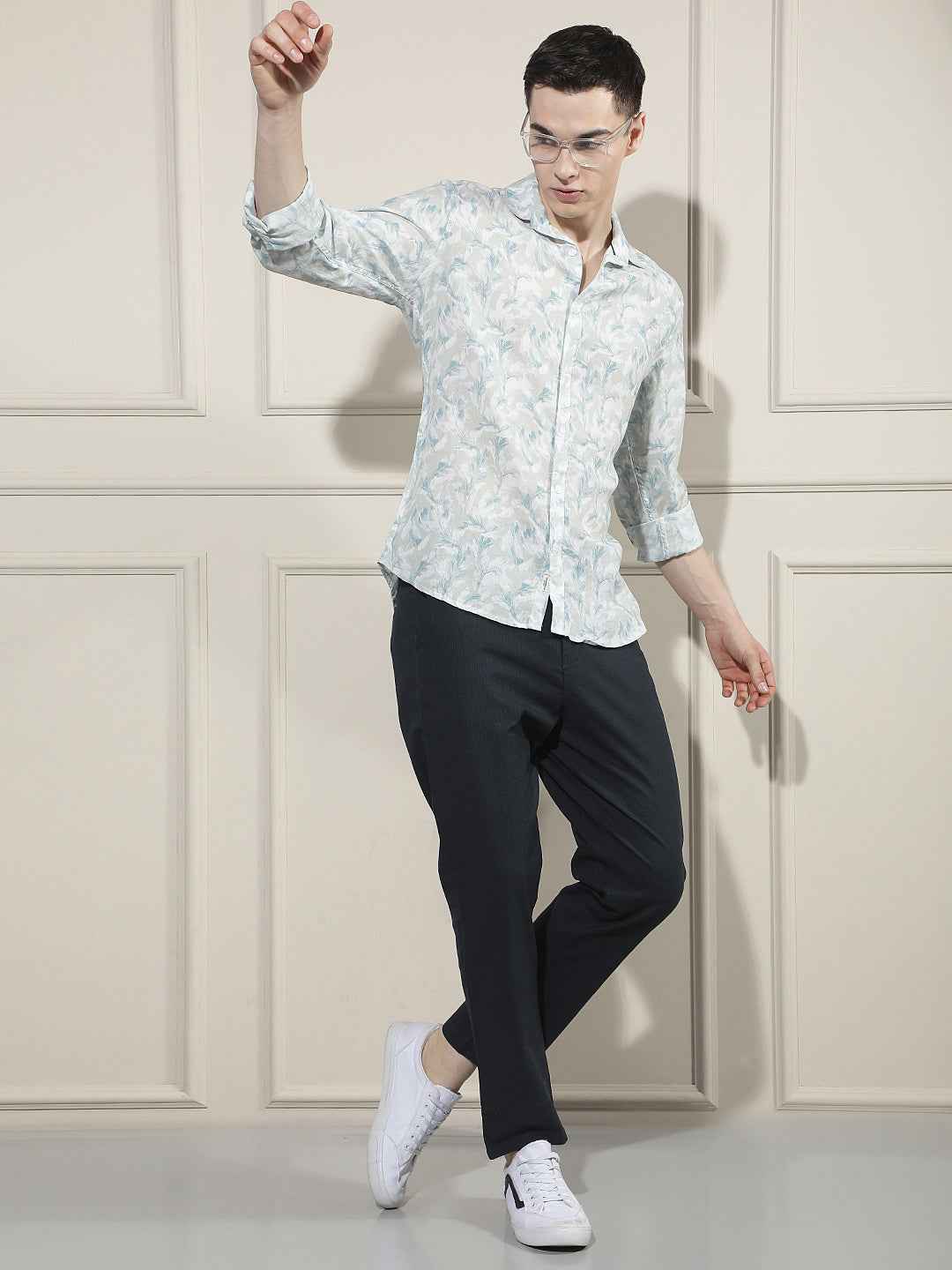 Blue Floral Print Linen Shirt