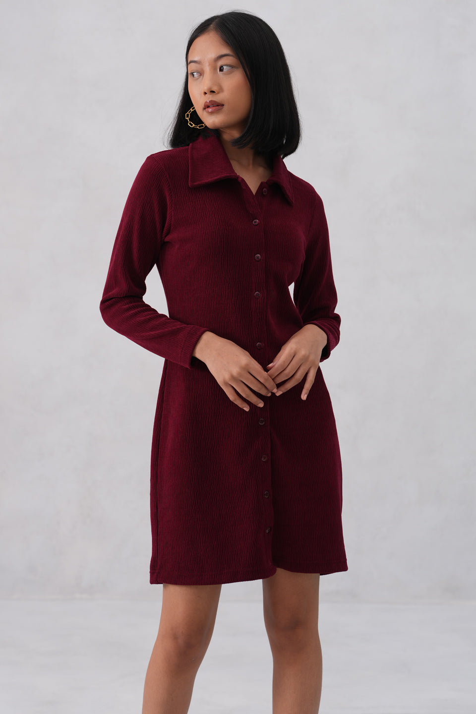 Maroon Textured Winter Mini Shirt-Dress