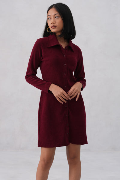 Maroon Textured Winter Mini Shirt-Dress