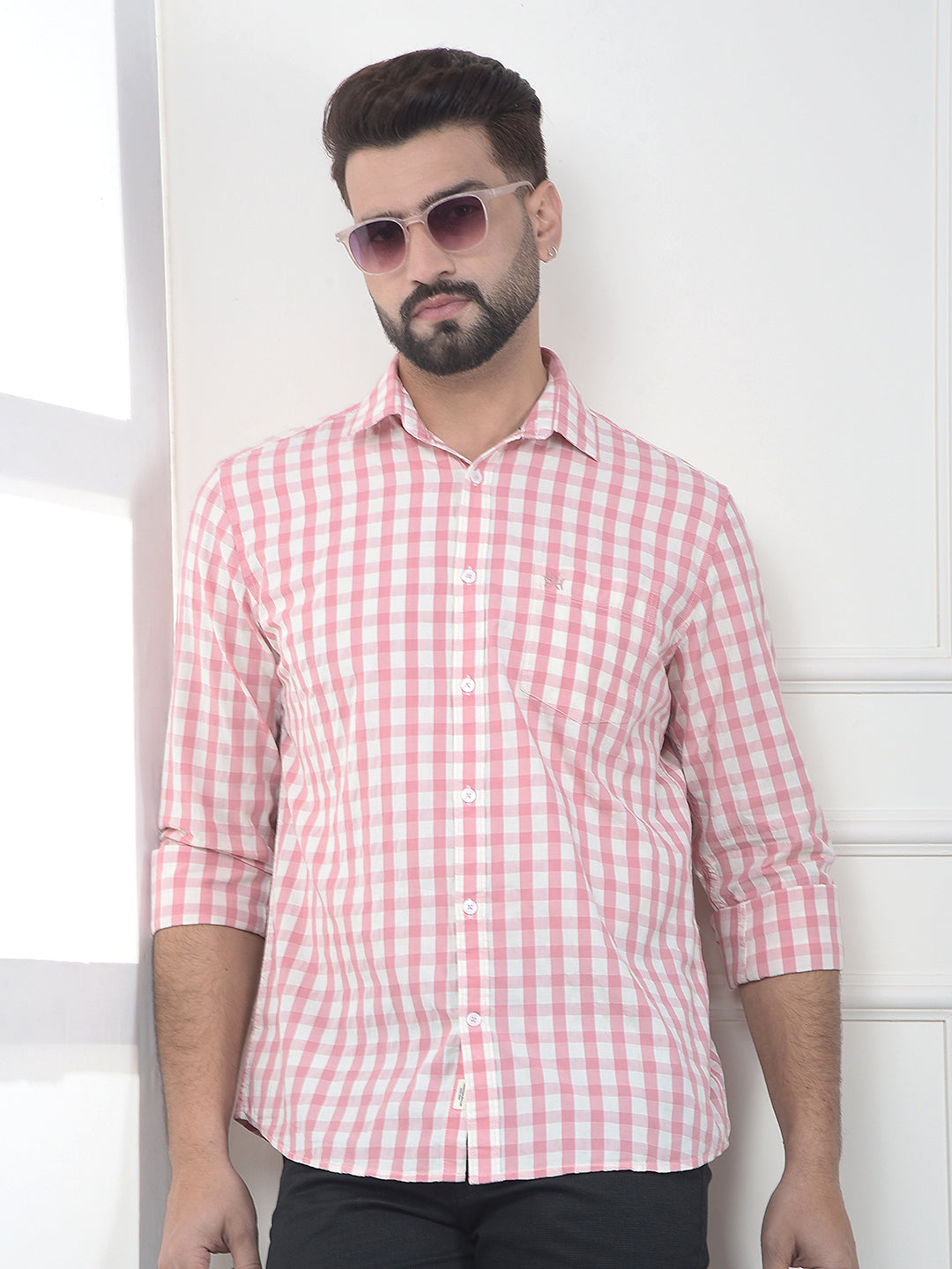 Flamingo Pink Checked 100% Cotton Shirt
