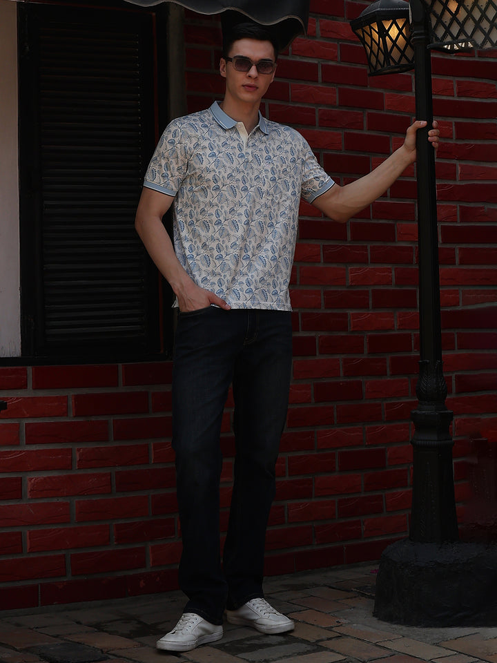 Blue Floral Print Polo Neck T-Shirt