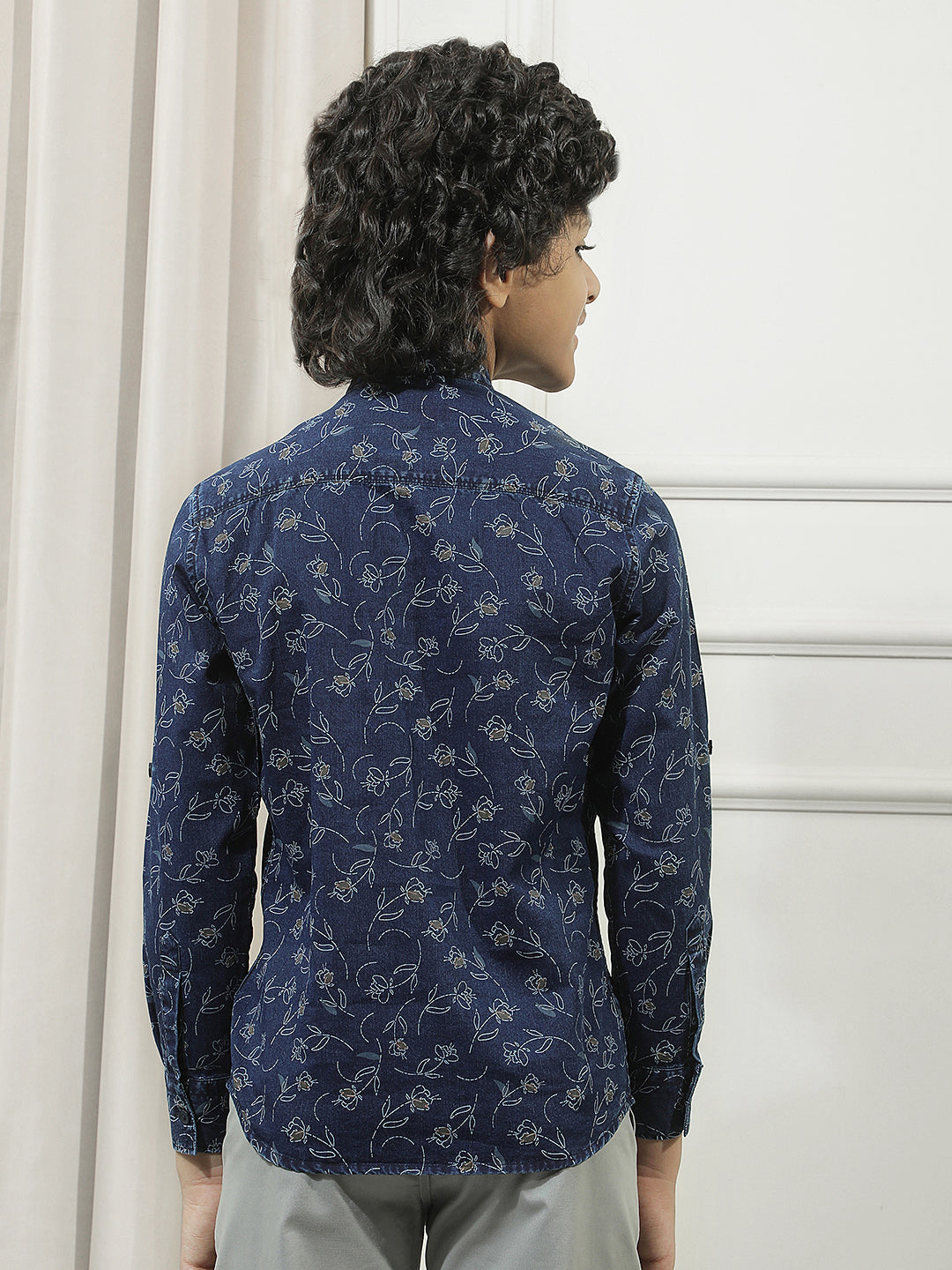 Navy Blue 100% Cotton Graphic Print Mandarin Neck Kurta