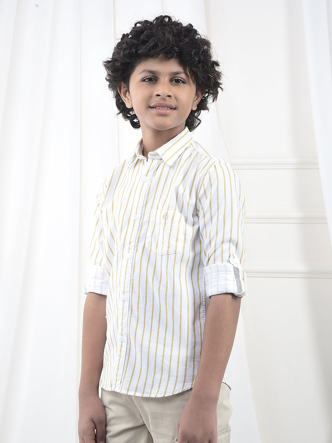 Beige Vertical Stripes 100% Cotton Corduroy Shirt