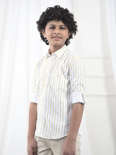 Beige Vertical Stripes 100% Cotton Corduroy Shirt