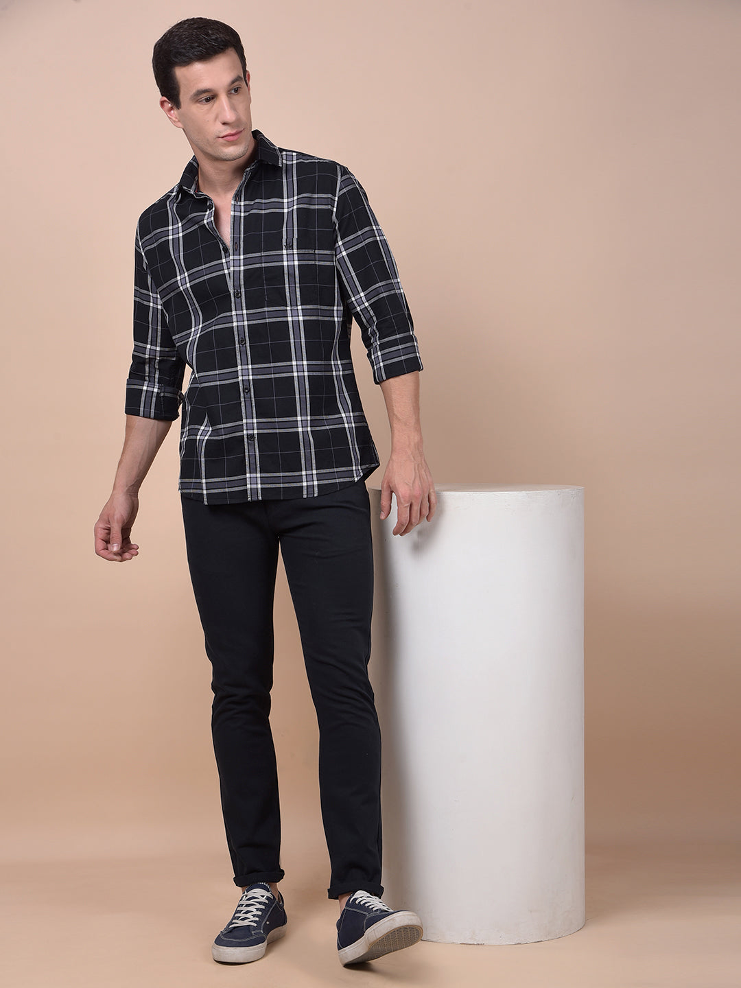 Navy Blue Checked 100% Cotton Shirt