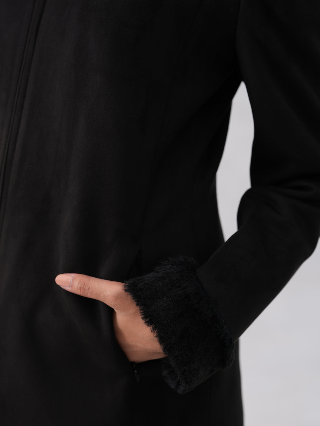 Faux Fur Trim Black Coat