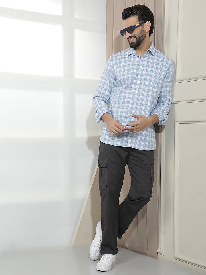 Pastel Blue 100% Cotton Checked Shirt