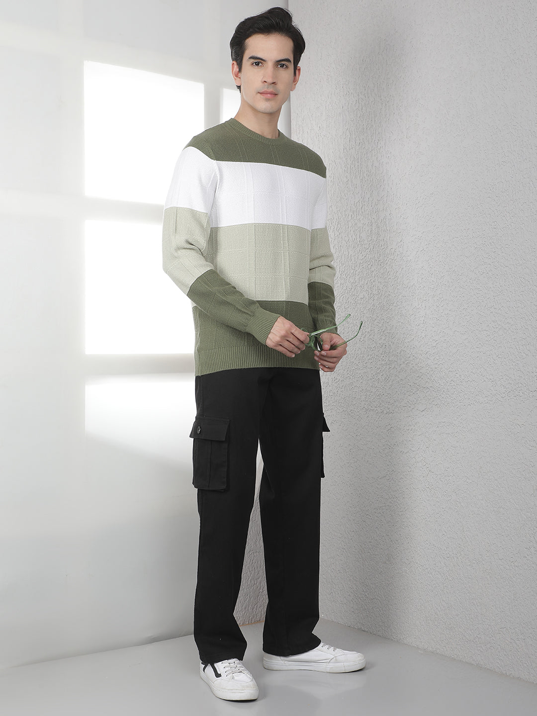 Green Colorblocked Acrylic Sweater