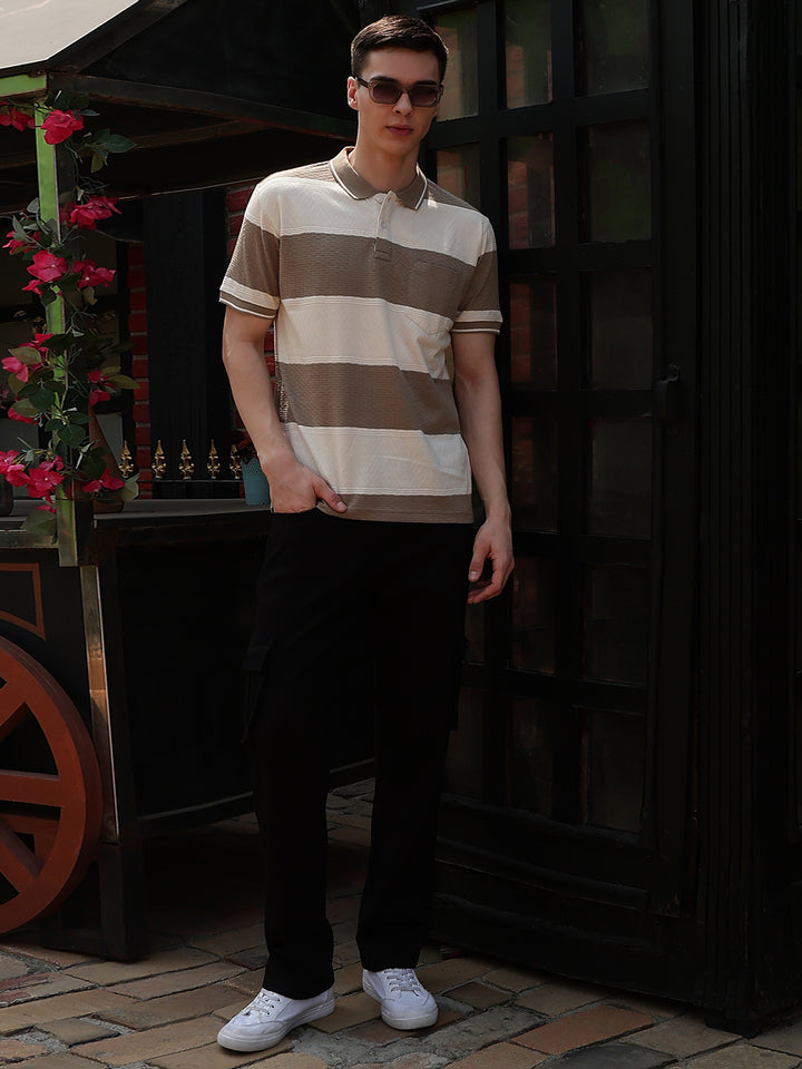 Beige Horizontal Striped Polo Neck T-Shirt