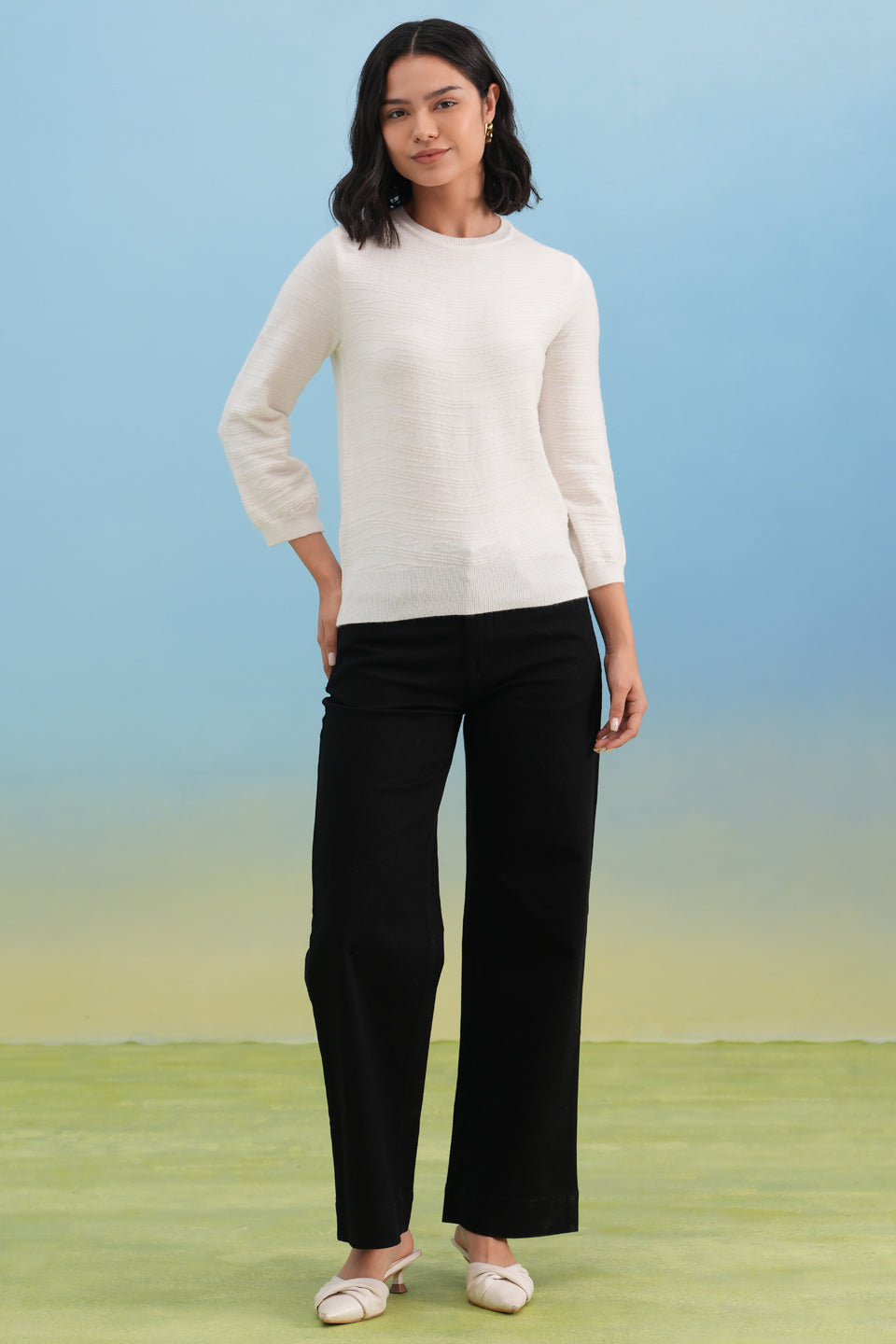 White Minimal Jacquard Knit Sweater