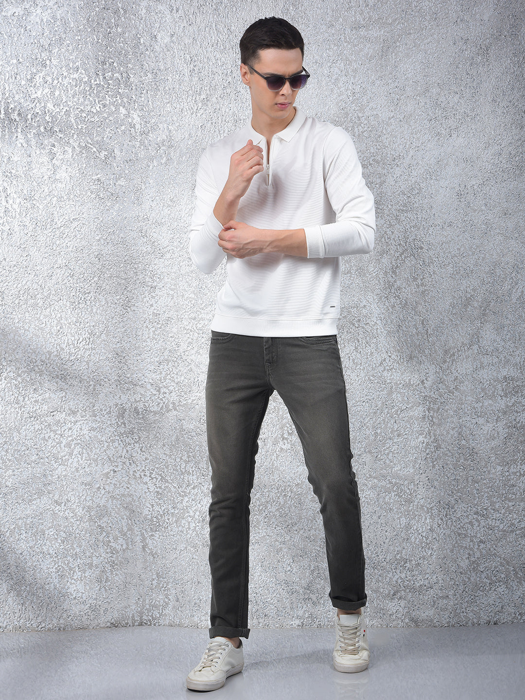 White Jacquard Polo Neck Knitted Sweatshirt