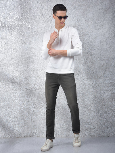 White Jacquard Polo Neck Knitted Sweatshirt