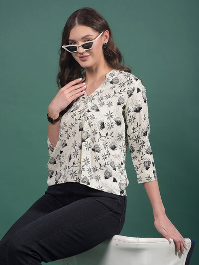 White Floral Print V-Neck Top